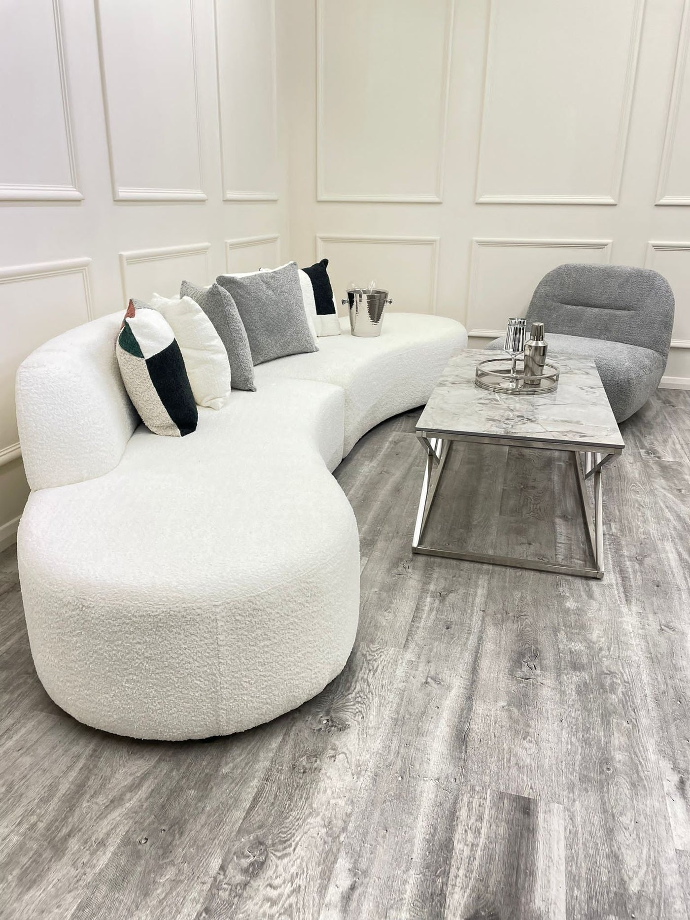 The Storm Boucle Premium Curved Sofa White Boucle Fabric