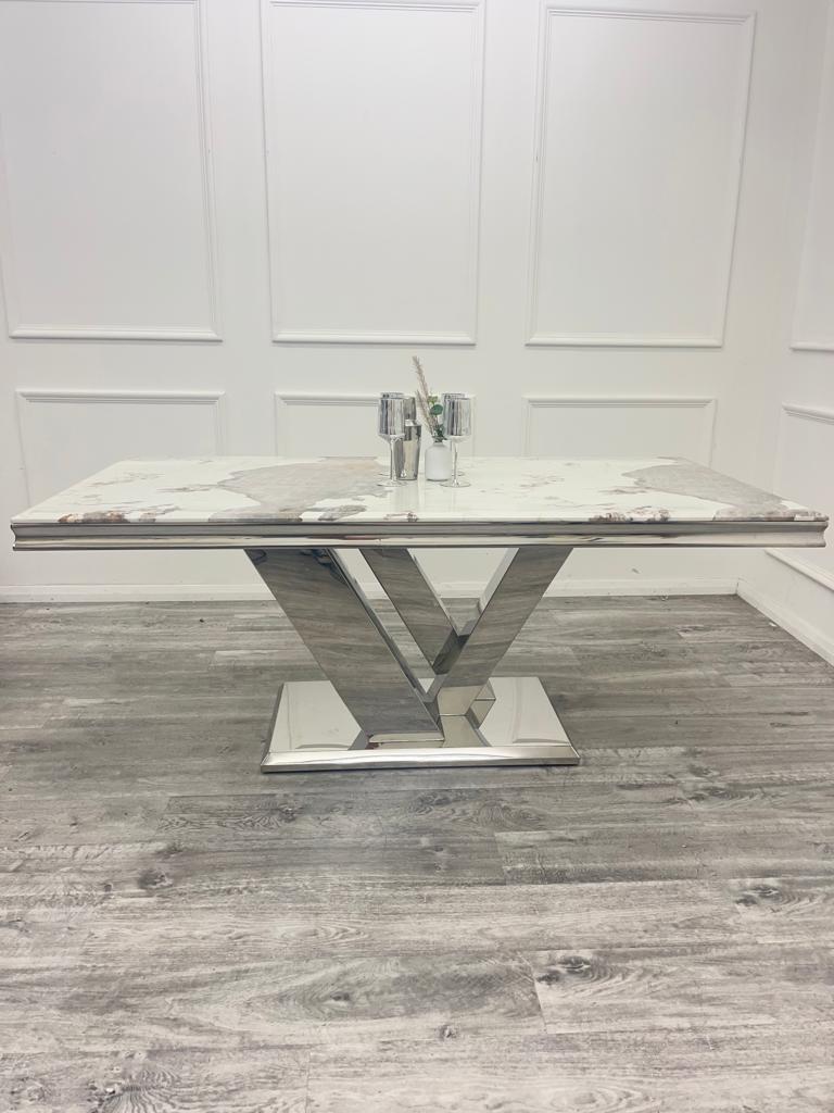 Cello 180cm Marble & Chrome Dining Table With Carlton Beige/Chrome Velvet Chairs