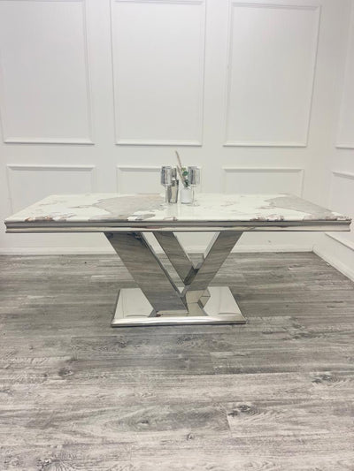Cello 180cm Marble & Chrome Dining Table With Carlton Beige/Chrome Velvet Chairs