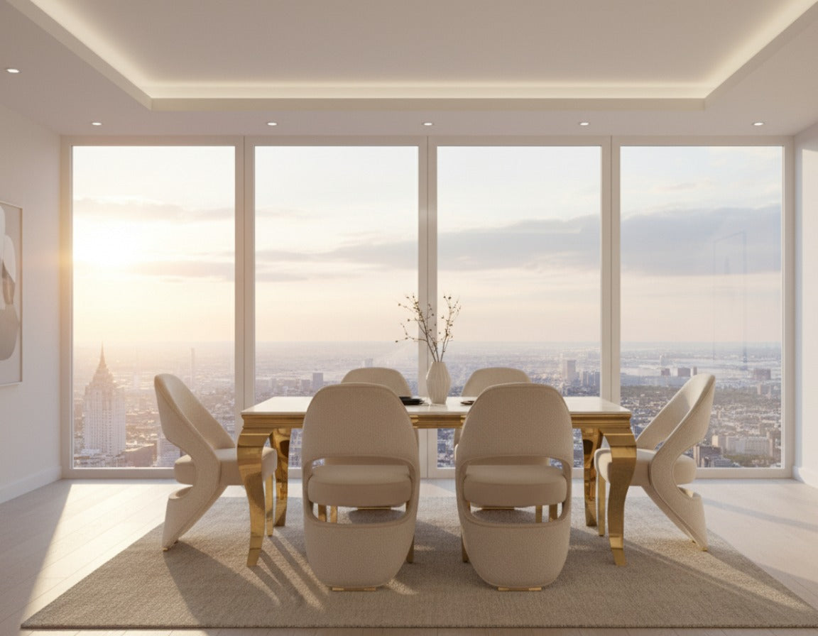 Louis Marble & Gold Dining Table With Santos Curve Velvet Chairs Gold Legs