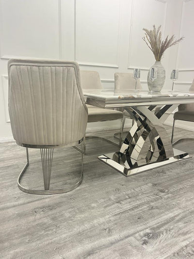 Ottavia 180cm Marble & Chrome Dining Table With Carlton Beige/Chrome Velvet Chairs