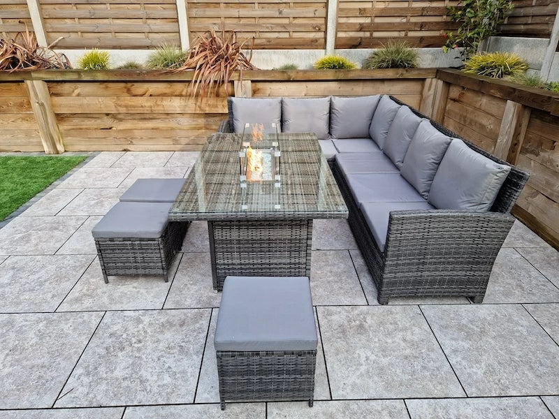 Carly Outdoor Garden Grey Rattan Corner Sofa Dining Fire Pit Set