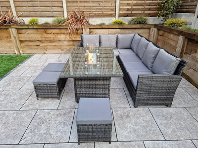 Carly Outdoor Garden Grey Rattan Corner Sofa Dining Fire Pit Set