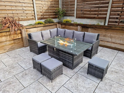 Carly Outdoor Garden Grey Rattan Corner Sofa Dining Fire Pit Set