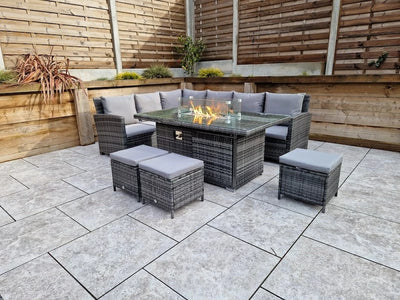 Carly Outdoor Garden Grey Rattan Corner Sofa Dining Fire Pit Set