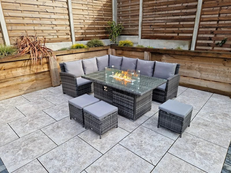 Carly Outdoor Garden Grey Rattan Corner Sofa Dining Fire Pit Set