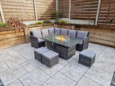 Carly Outdoor Garden Grey Rattan Corner Sofa Dining Fire Pit Set