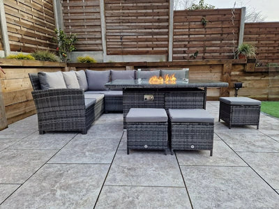 Carly Outdoor Garden Grey Rattan Corner Sofa Dining Fire Pit Set