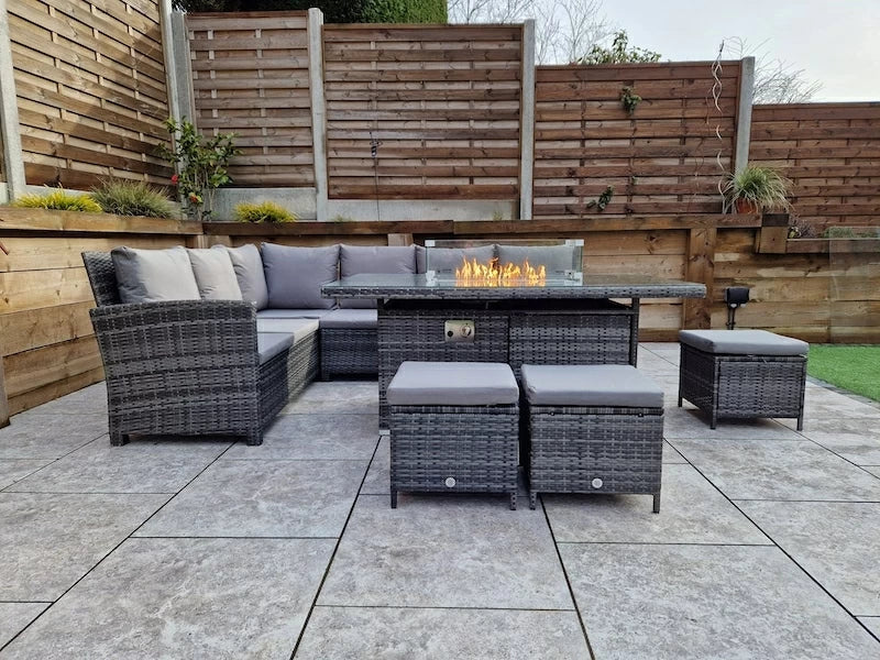 Carly Outdoor Garden Grey Rattan Corner Sofa Dining Fire Pit Set