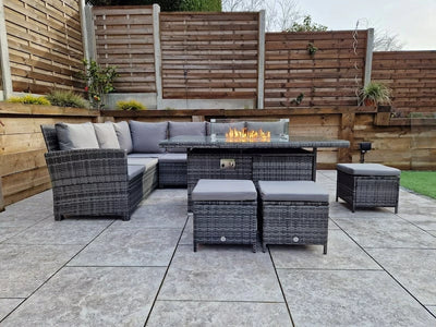 Carly Outdoor Garden Grey Rattan Corner Sofa Dining Fire Pit Set