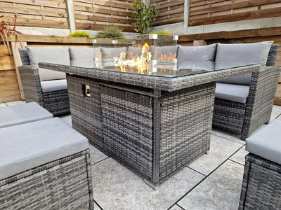 Carly Outdoor Garden Grey Rattan Corner Sofa Dining Fire Pit Set