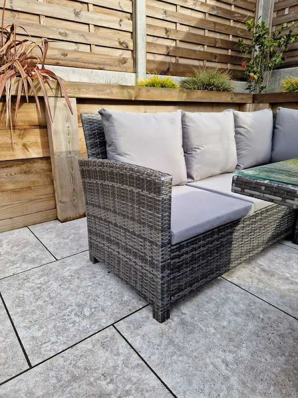 Carly Outdoor Garden Grey Rattan Corner Sofa Dining Fire Pit Set
