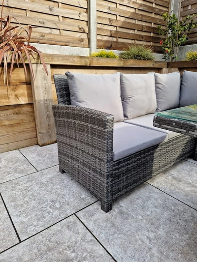 Carly Outdoor Garden Grey Rattan Corner Sofa Dining Fire Pit Set