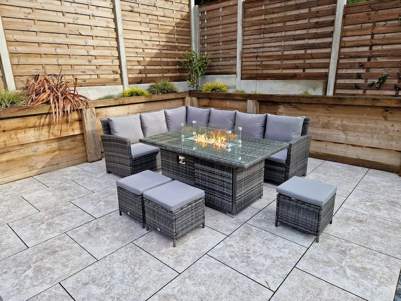 Carly Outdoor Garden Grey Rattan Corner Sofa Dining Fire Pit Set