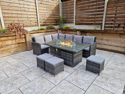 Carly Outdoor Garden Grey Rattan Corner Sofa Dining Fire Pit Set
