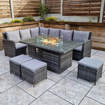 Carly Outdoor Garden Grey Rattan Corner Sofa Dining Fire Pit Set