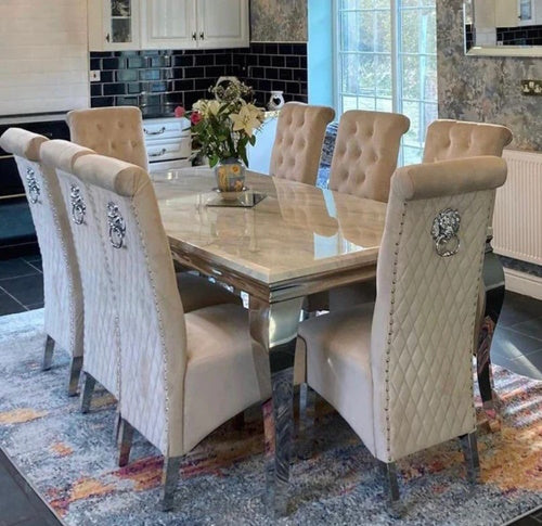 Louis Marble & Chrome Dining Table With Lucy Slim Quilted Lion Knocker Velvet Chairs