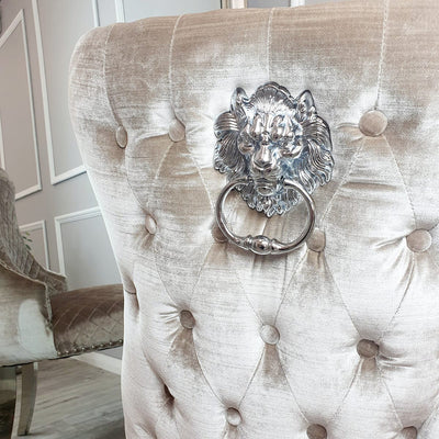 Louis 150cm Marble & Chrome Dining Table With Valente Velvet Chrome Lion Quilted Knocker Chairs