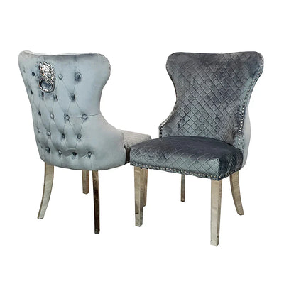 Valentino Shimmer Velvet Fabric Button Back Lion Knocker Quilted Dining Chair In 3 Colours