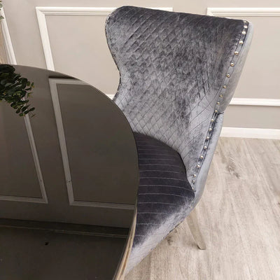 Valentino Shimmer Velvet Fabric Button Back Lion Knocker Quilted Dining Chair In 3 Colours