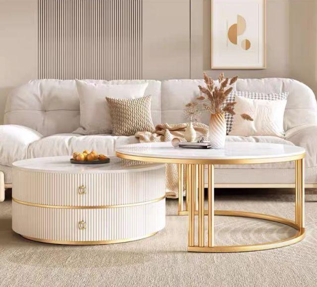 Cleo White & Gold Premium Ribbed Nest of 2 Round Coffee Tables - Esme Furnishings