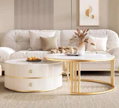 Cleo White & Gold Premium Ribbed Nest of 2 Round Coffee Tables - Esme Furnishings