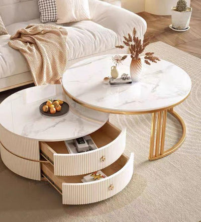 Cleo White & Gold Premium Ribbed Nest of 2 Round Coffee Tables - Esme Furnishings