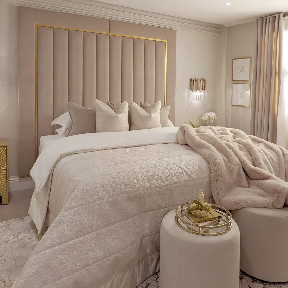 Como Cream Gold Trim Channelled Luxury Panel Bed & Base - Esme Furnishings