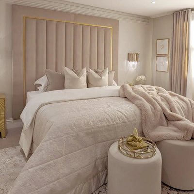 Como Cream Gold Trim Channelled Luxury Panel Bed & Base - Esme Furnishings