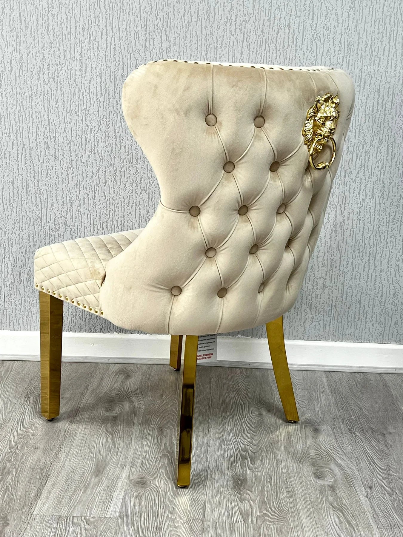 Louis Gold Cream Marble Dining Table With Valentino Gold Lion Knocker Dining Chairs