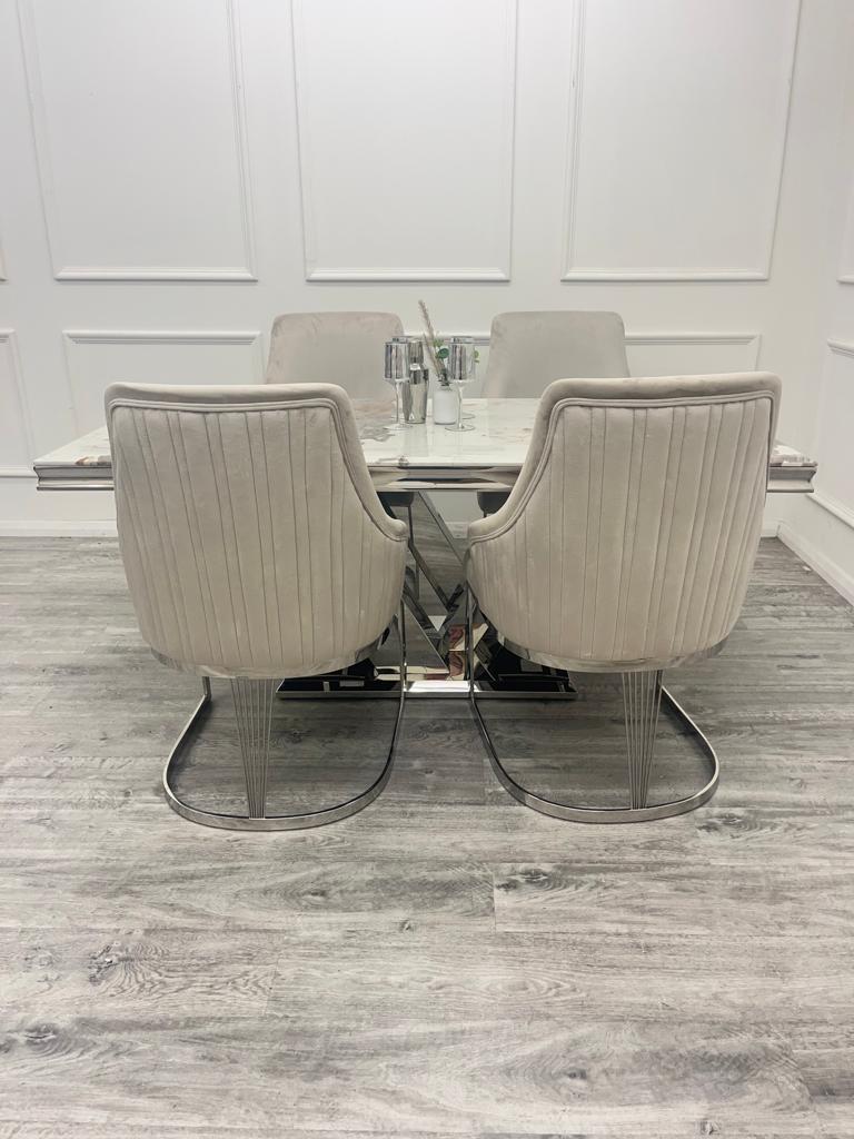 Cello 180cm Marble & Chrome Dining Table With Carlton Beige/Chrome Velvet Chairs