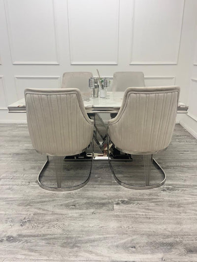 Cello 180cm Marble & Chrome Dining Table With Carlton Beige/Chrome Velvet Chairs