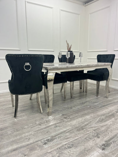 Louis 160cm Marble & Chrome Dining Table With Megan Chrome Ring Knocker Velvet Chairs