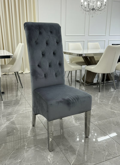 Louis Marble & Chrome Dining Table With Lucy Slim Quilted Ring Knocker Grey Velvet Chairs