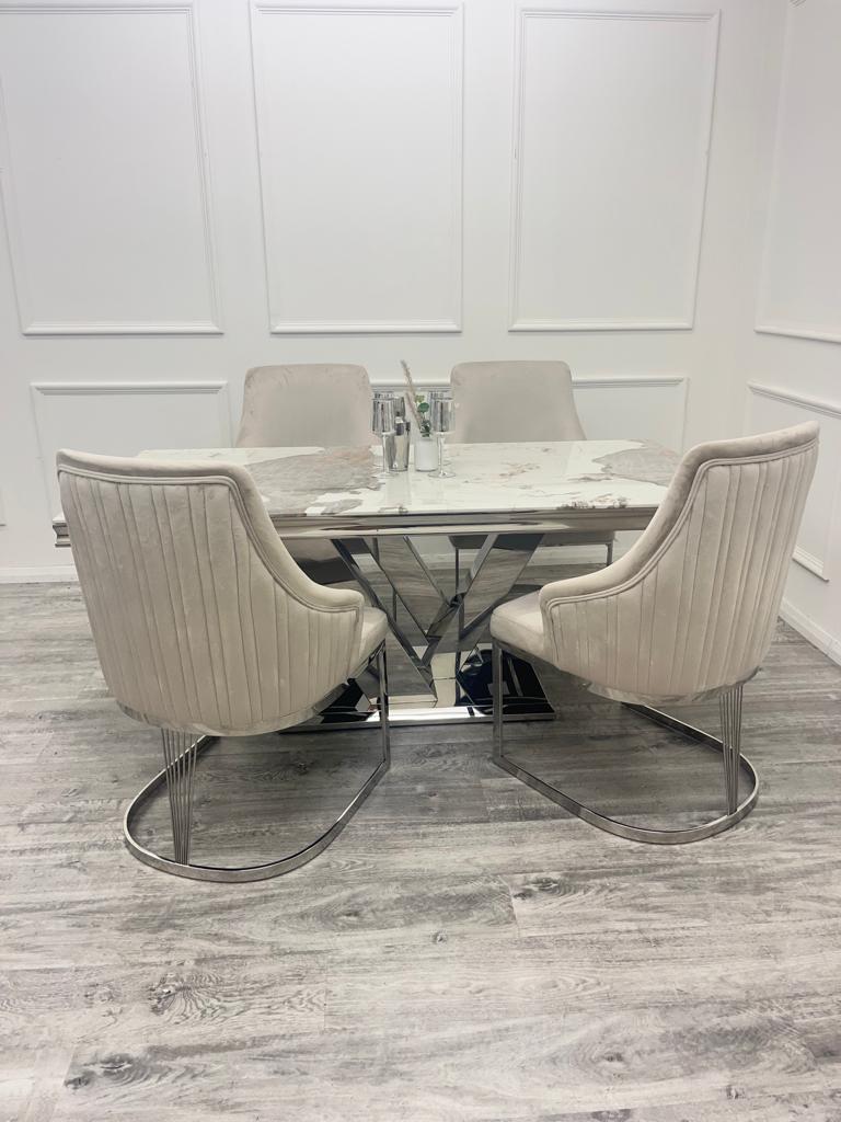 Cello 180cm Marble & Chrome Dining Table With Carlton Beige/Chrome Velvet Chairs