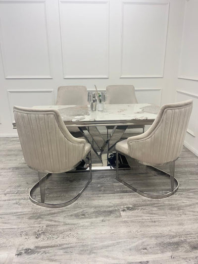 Cello 180cm Marble & Chrome Dining Table With Carlton Beige/Chrome Velvet Chairs