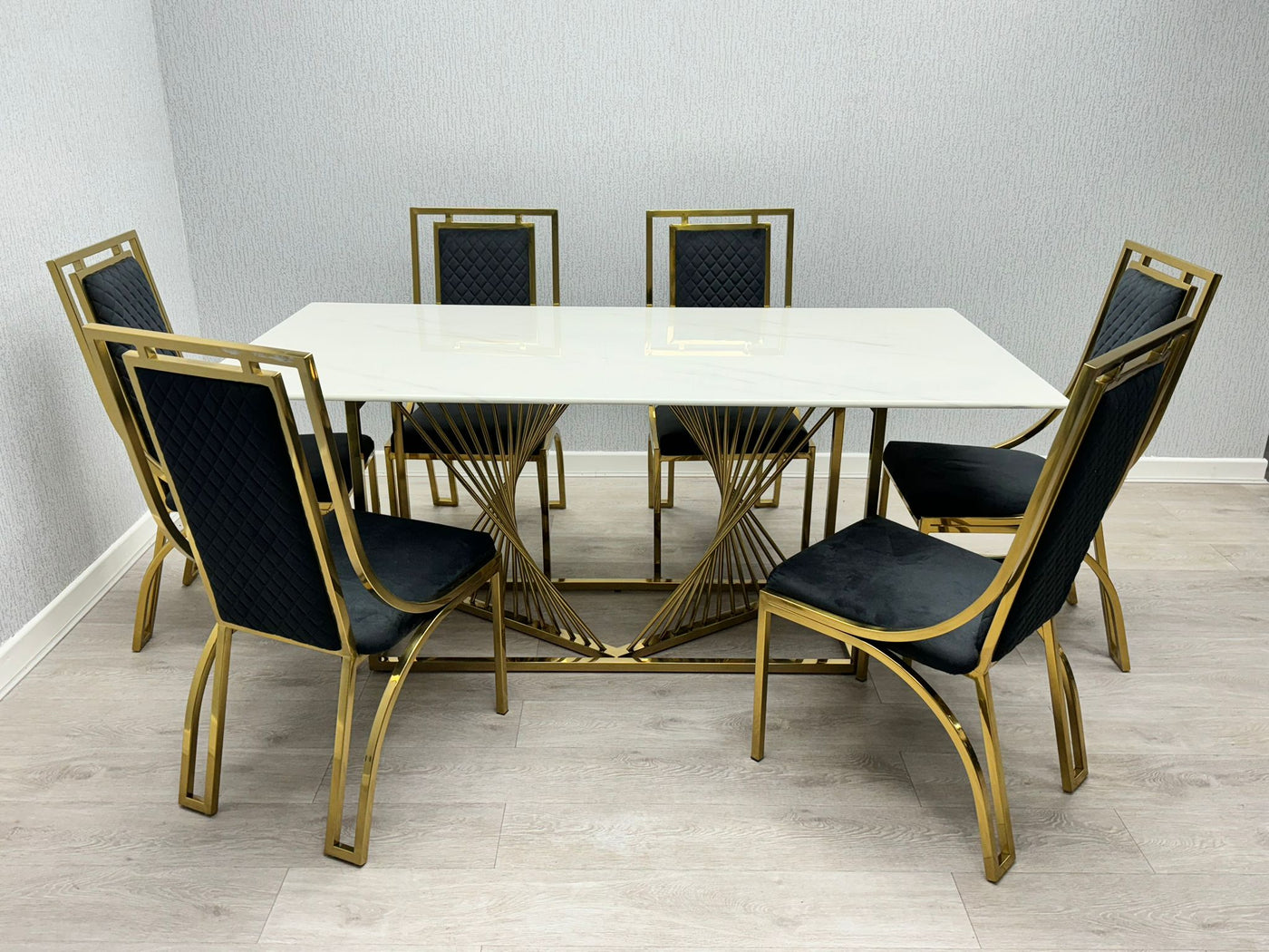 Ohio Gold White Marble 180cm Dining Table + Gold Leathaire Fabric Dining Chairs In 2 Colours