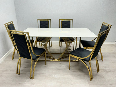 Ohio Gold White Marble 180cm Dining Table + Gold Leathaire Fabric Dining Chairs In 2 Colours