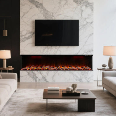 50 60 72 80 Inch 2025 Panoramic Smart Alexa Media Wall Fire 3 Sided Glass LED WiFi Electric UHD Fireplace