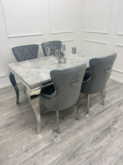 Louis 160cm Marble & Chrome Dining Table With Megan Chrome Ring Knocker Velvet Chairs
