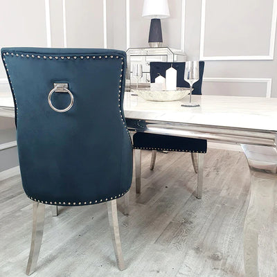 Arianna Marble & Chrome Dining Table With Chrome Ring Knocker Velvet Chairs