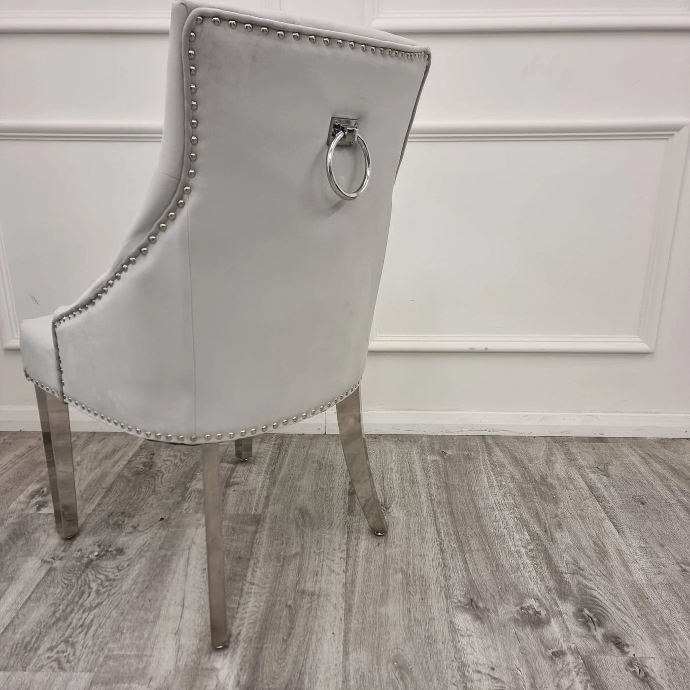 Louis Marble & Chrome Dining Table With Chrome Ring Knocker Velvet Chairs