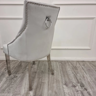 Louis Marble & Chrome Dining Table With Chrome Ring Knocker Velvet Chairs
