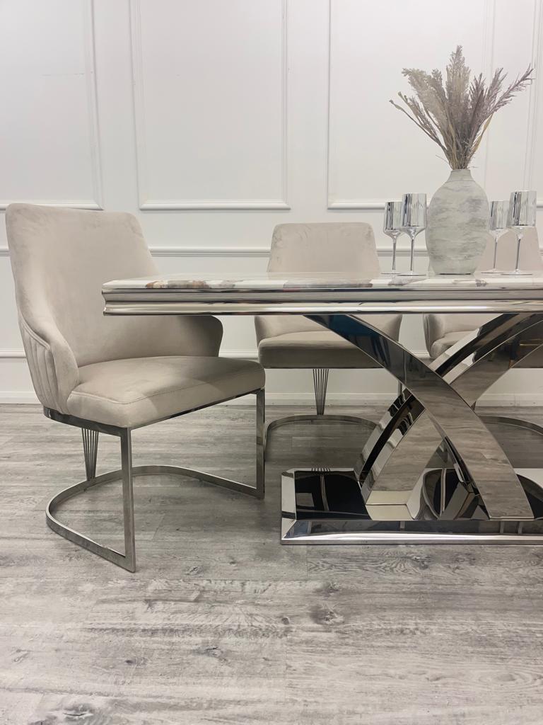 Ottavia 180cm Marble & Chrome Dining Table With Carlton Beige/Chrome Velvet Chairs