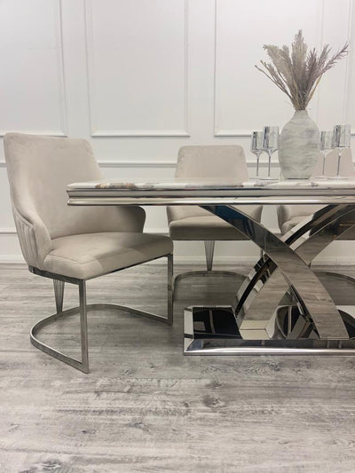 Ottavia 180cm Marble & Chrome Dining Table With Carlton Beige/Chrome Velvet Chairs