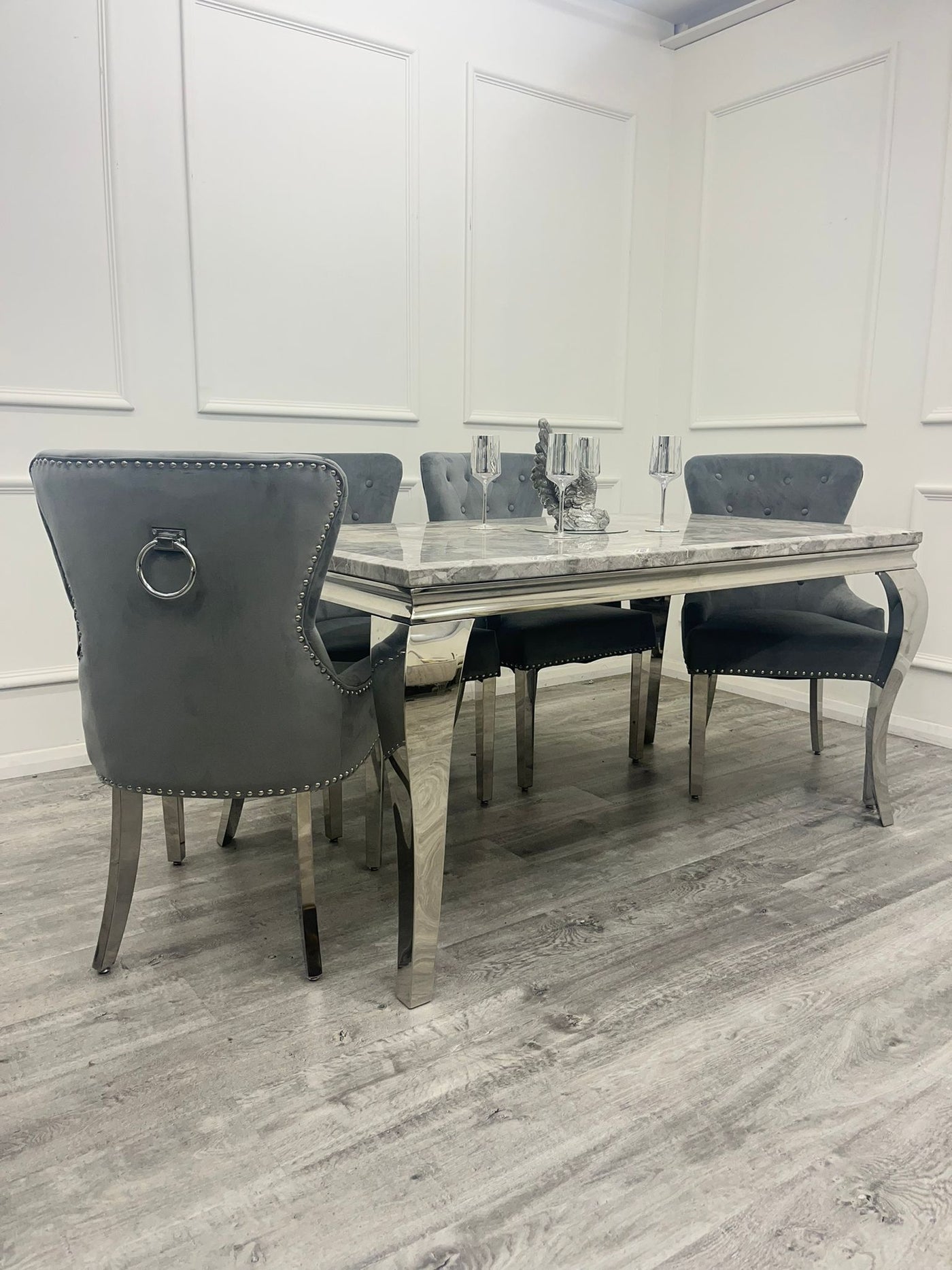Louis 160cm Marble & Chrome Dining Table With Megan Chrome Ring Knocker Velvet Chairs