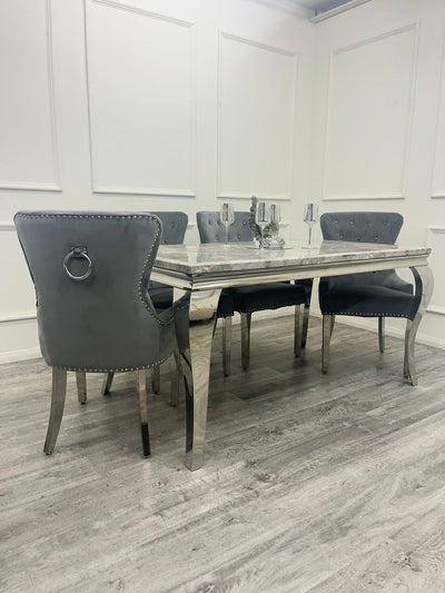 Louis 160cm Marble & Chrome Dining Table With Megan Chrome Ring Knocker Velvet Chairs