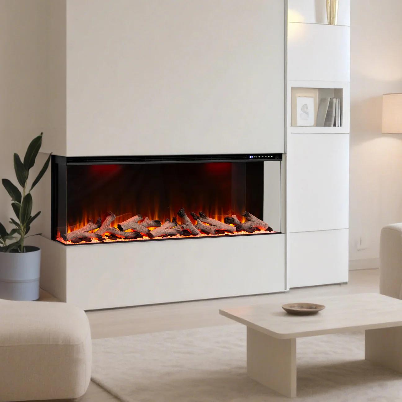 50 60 72 80 Inch 2025 Panoramic Smart Alexa Media Wall Fire 3 Sided Glass LED WiFi Electric UHD Fireplace