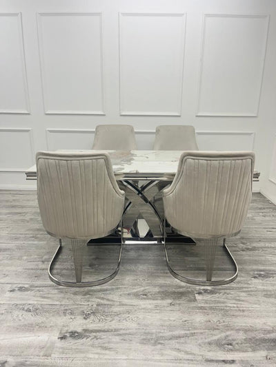 Ottavia 180cm Marble & Chrome Dining Table With Carlton Beige/Chrome Velvet Chairs