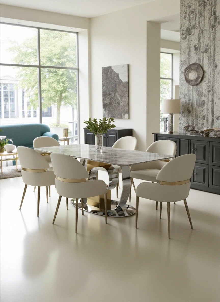 Madrid 200cm Gold Dining Table With Monarch Leather Gold Chairs